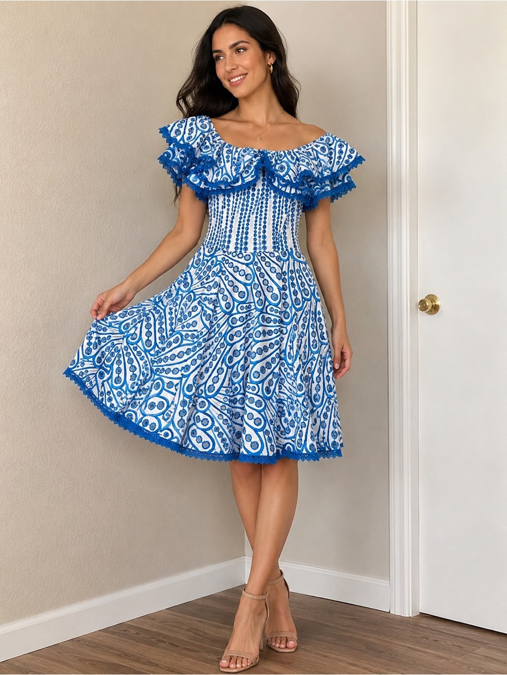 Blue and White Off-Shoulder Floral Fit-and-Flare Dress